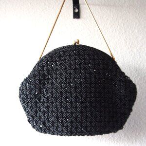 Vintage Beaded Black Evening Bag With Snake Chain/Handmade in Hong Kong